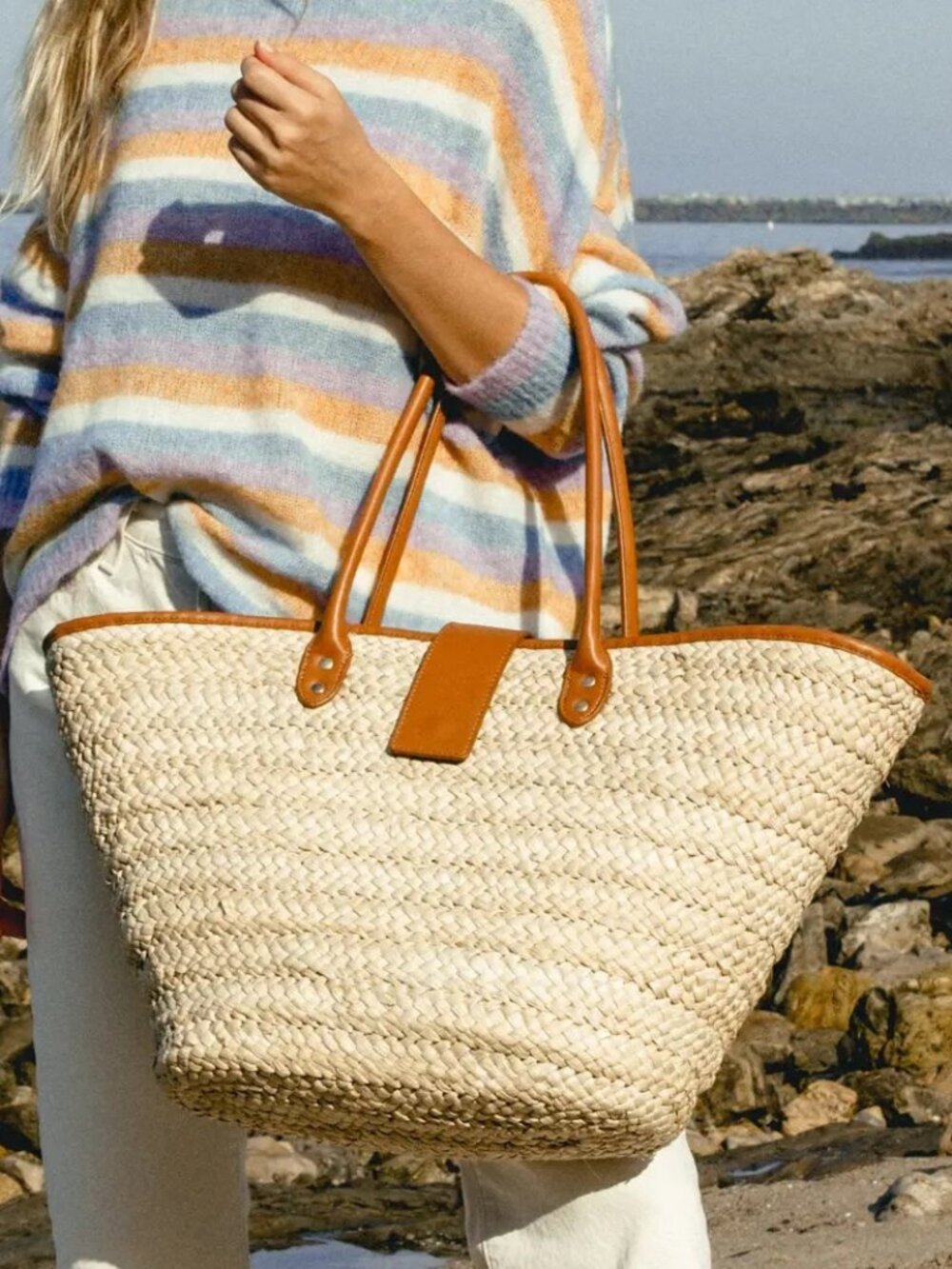 NEW L*SPACE Alfie Natural Woven Tote with Brown Accents